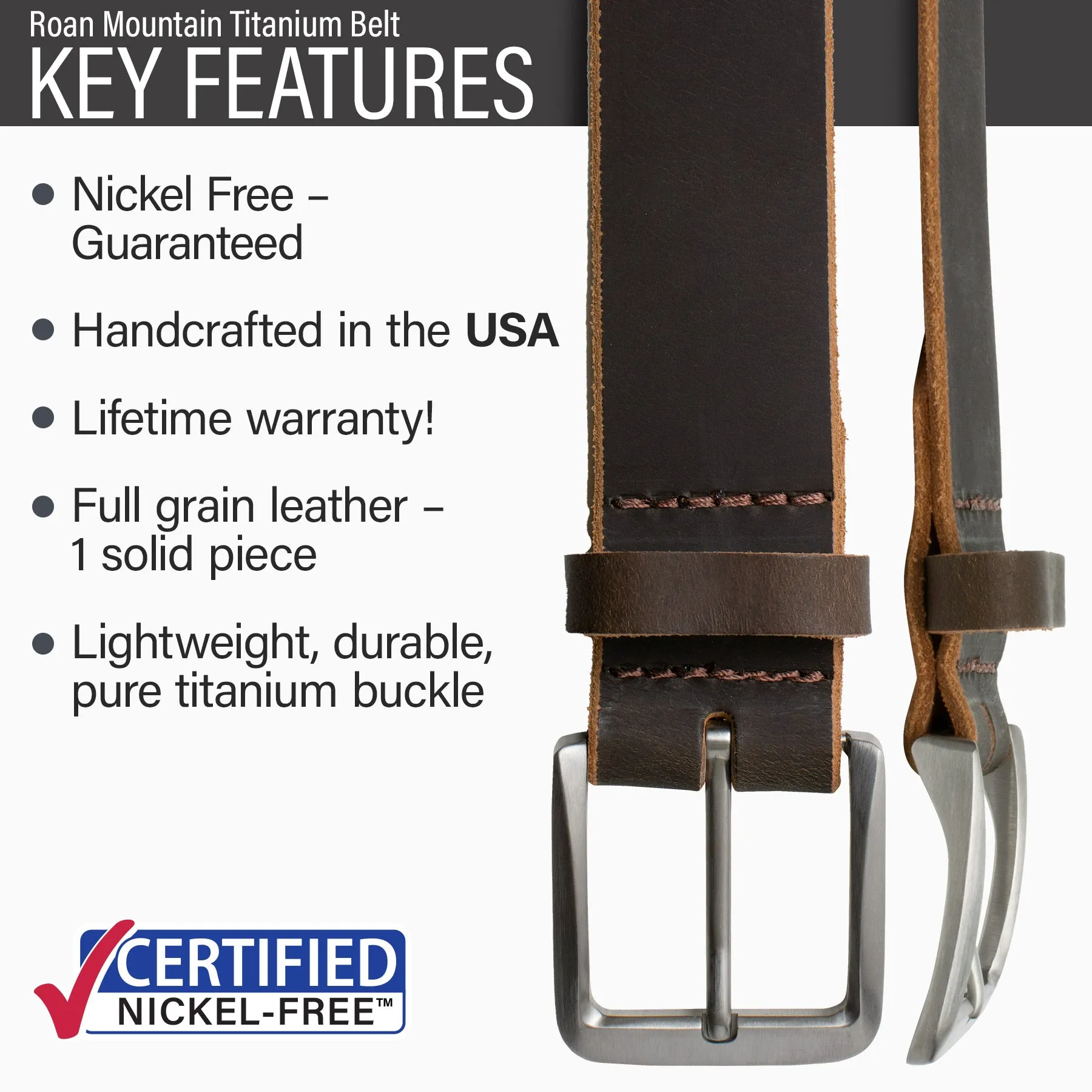 Roan Mountain Titanium Leather Belt by Nickel Smart®