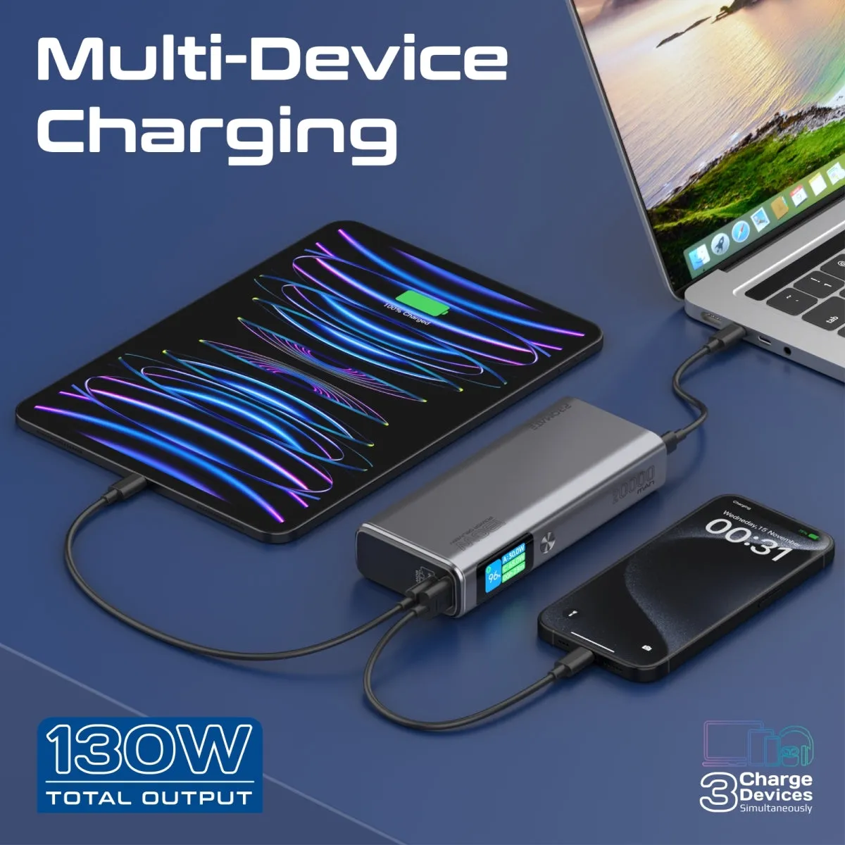 Sleek 130W Multi-Port Power Delivery Power Bank with TFT LCD Screen