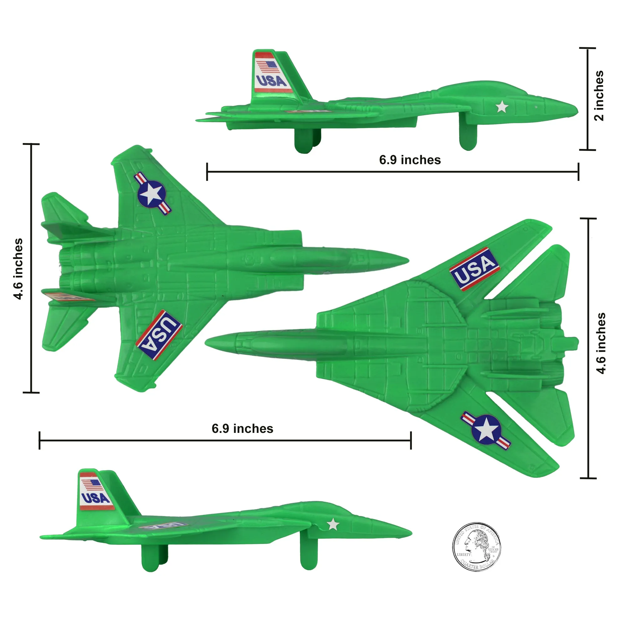 TimMee Plastic Army Men Combat Fighter Jets - 4pc Green Airplanes Made in USA