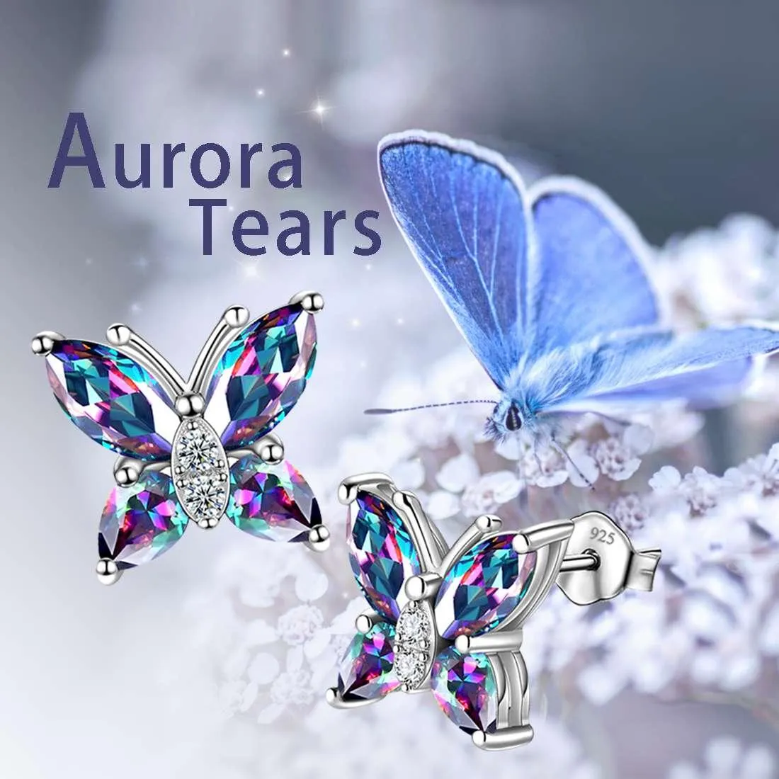 Tokyo Mart Butterfly Rainbow Mystic Topaz Stud Earrings Women Girls Jewelry Gift Sterling Silver