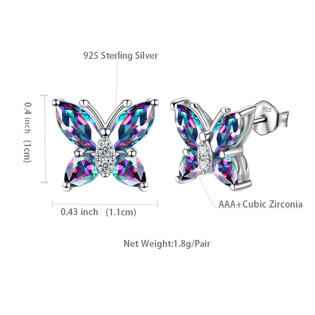 Tokyo Mart Butterfly Rainbow Mystic Topaz Stud Earrings Women Girls Jewelry Gift Sterling Silver