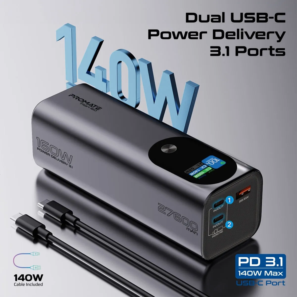 Ultra-Compact 160W Multi-Port PD 3.1 Power Bank with TFT LCD Screen