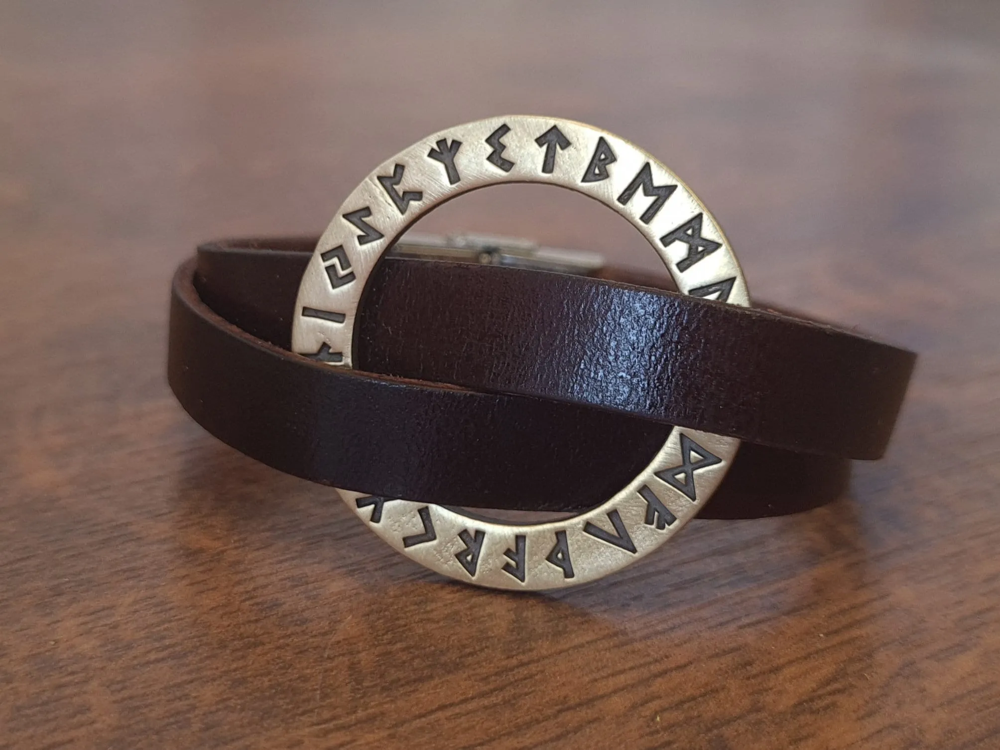 Viking Leather Runic Futhark Bracelet For Men With Stainless Steel Fitting Bright Finished