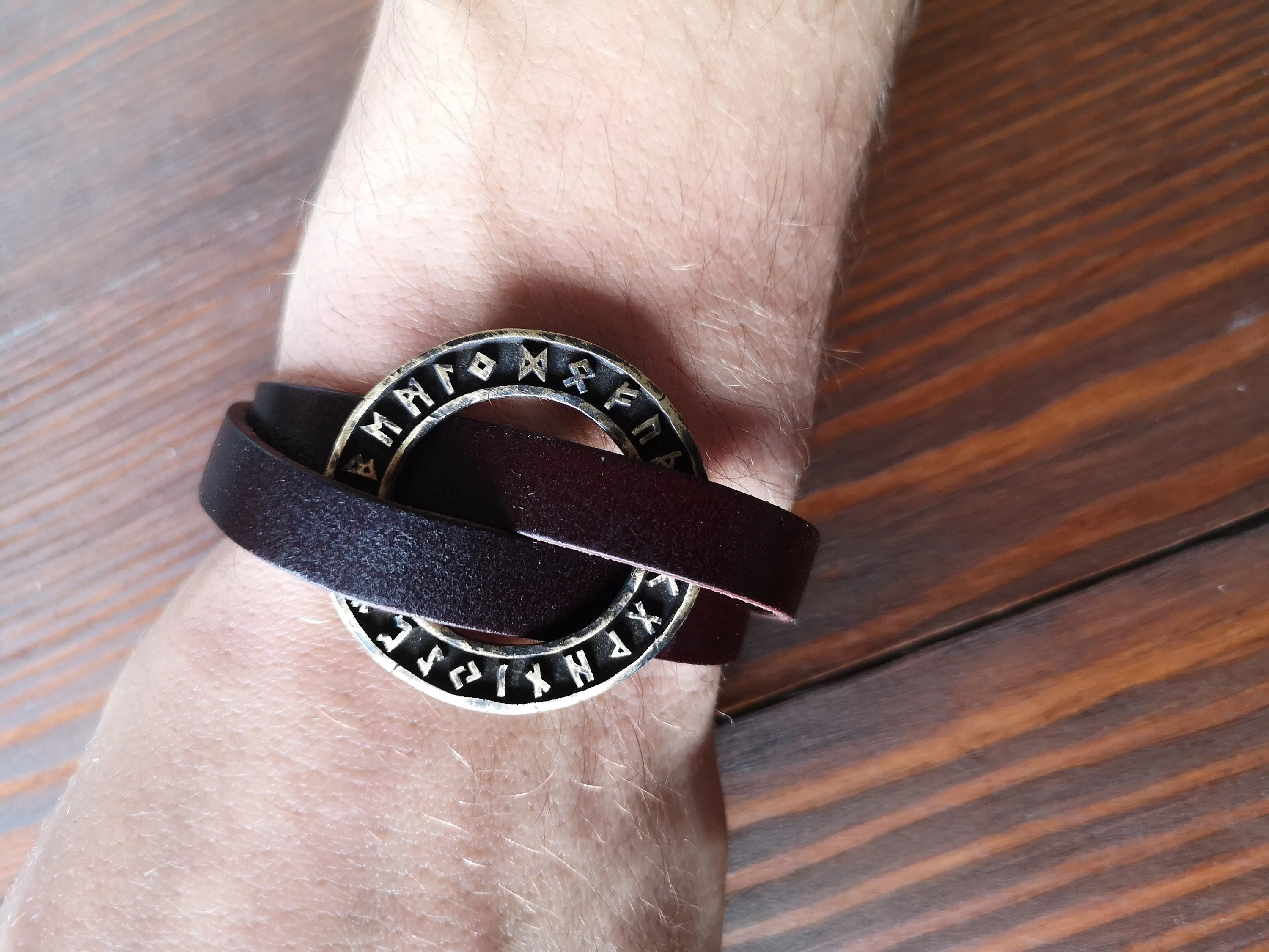 Viking Leather Runic Futhark Bracelet For Men With Stainless Steel Fitting