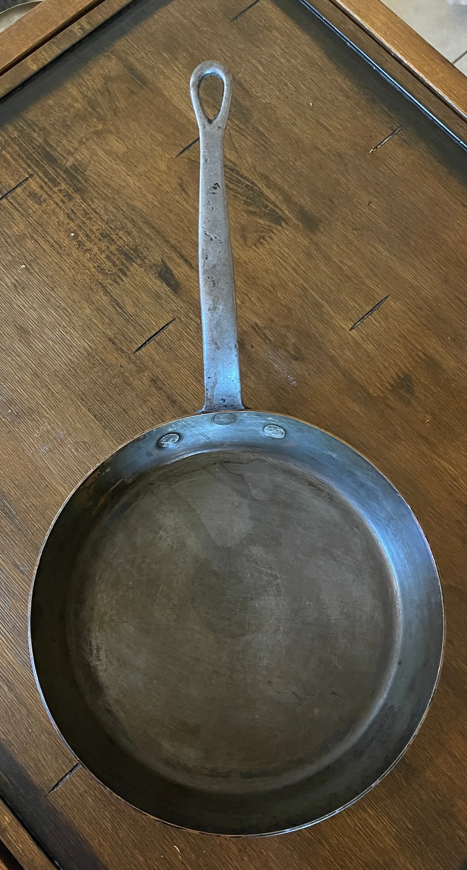 Vintage Falk Belgium Copper Fry Pan w/ Copper Riveted Forged Iron Handle