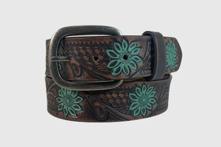 Women's Cowgirls Rock 9646300 Brown Belt with Painted Turquoise Flowers